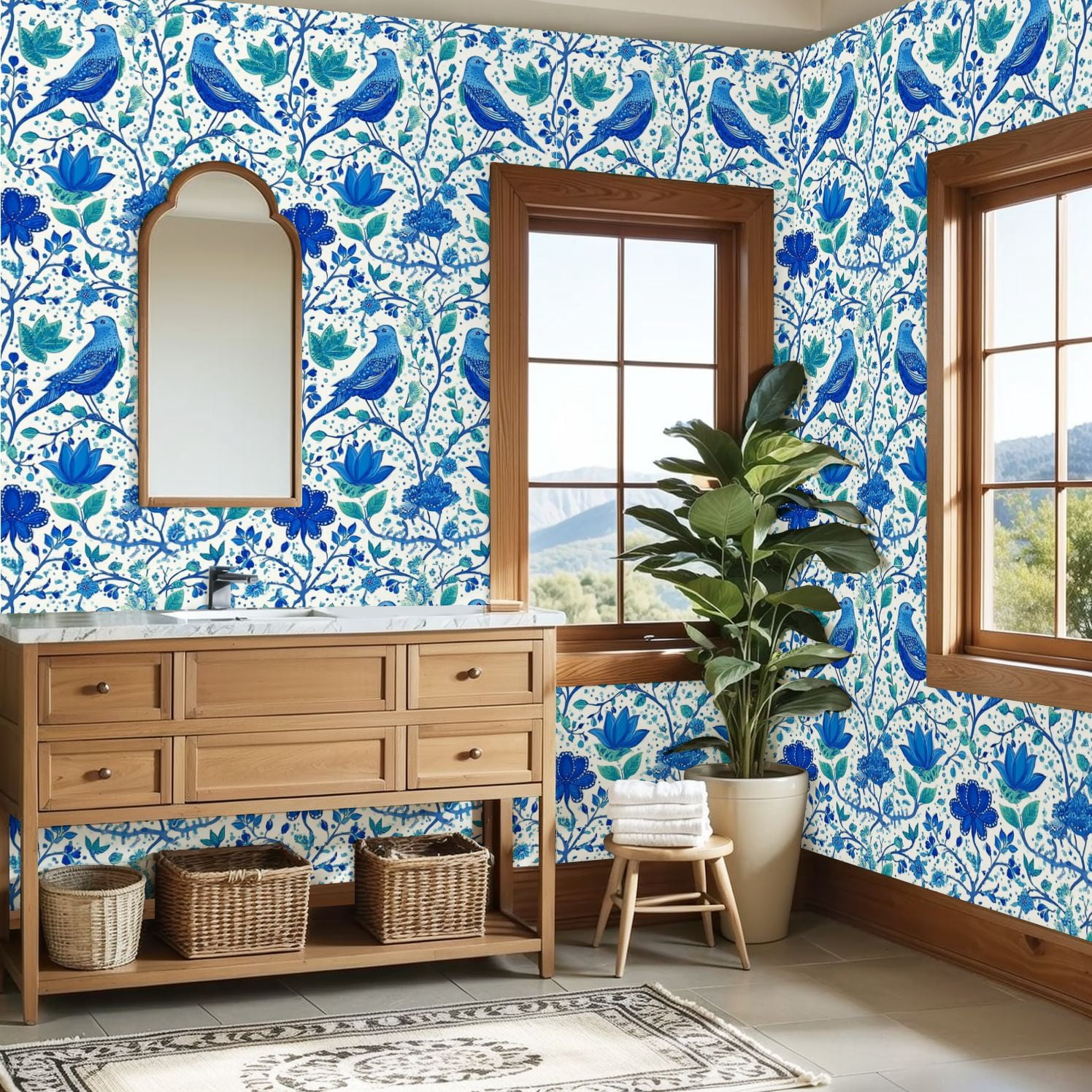 Farmhouse Peel and Stick Wallpaper 23.6in x 9.8ft Blue Floral Birds Botanical Elements Contact Paper Vinyl Self-Adhesive Removable Wall Paper for Bedroom Kitchen Cabinet Renter Friendly