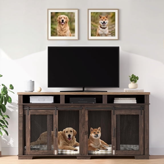 Double Dog Crate Furniture TV Stand, 71'' Dog Kennel Furniture for 2 Dogs with Removable Divider & Sliding Barn Door, Decorative Dogs Crate Buffet Cabinet for Large/Medium Breeds