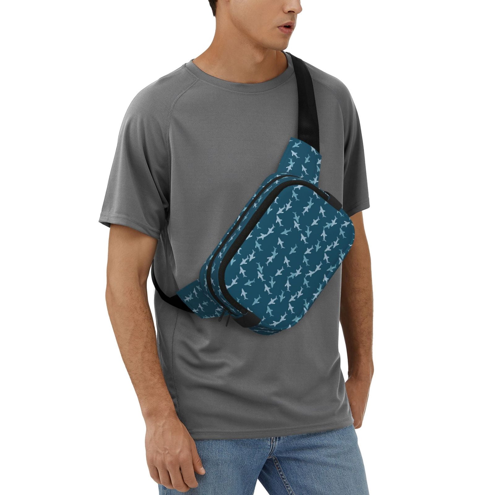 Fuzoiu Cute Shark Print Unisex Square Double Layer Waist Bag,Crossbody Fanny Pack Travel Workout Accessory