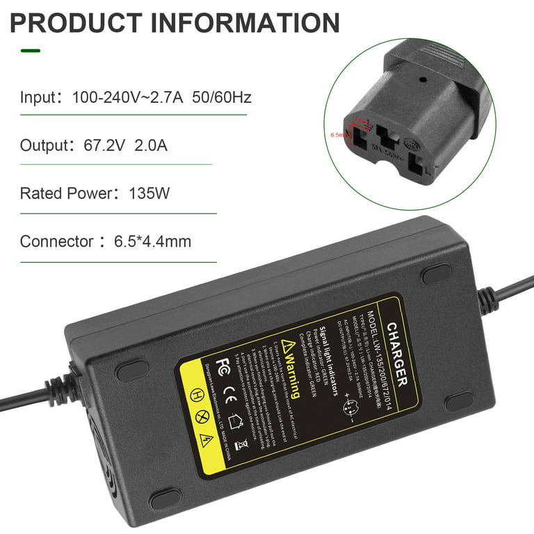 67.2V 2A Lithium Battery Charger AC Adapter Power Supply for 16S 60V  Lithium Li-Ion Batteries Pack with 3 Holes Plug 