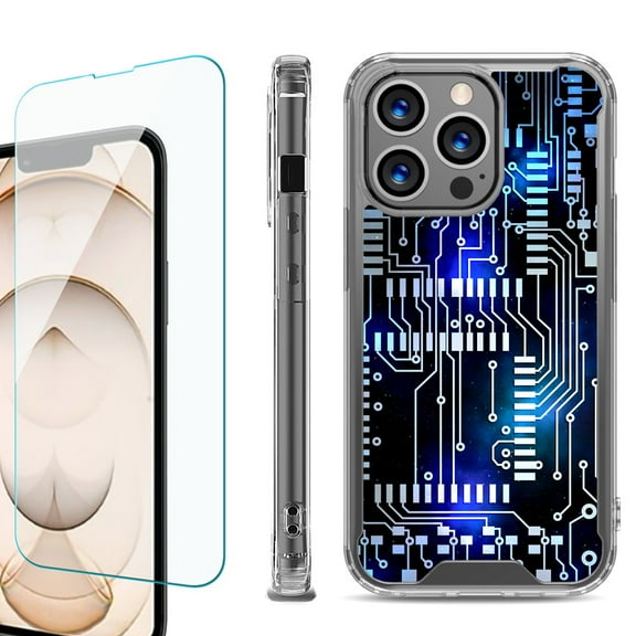 Shockproof Bumper Phone Case for iPhone 13 Pro Max, with Tempered Glass Screen Protector, by OneToughShield ® - Cosmos Circuit