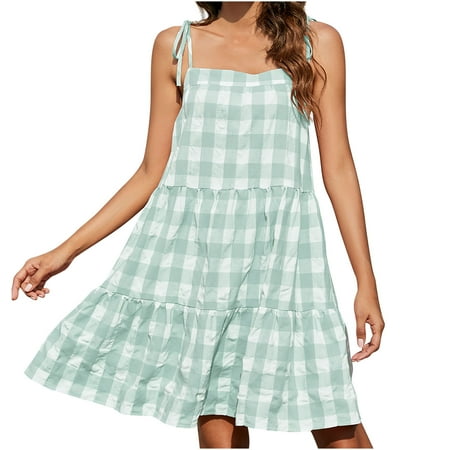 VSSSJ Women s Spaghetti Straps Plaid Printed Cute Mini Babydoll Dresses Lace-Up Square Neck Loose Casual Tiered Ruffle Hem Dress Green M