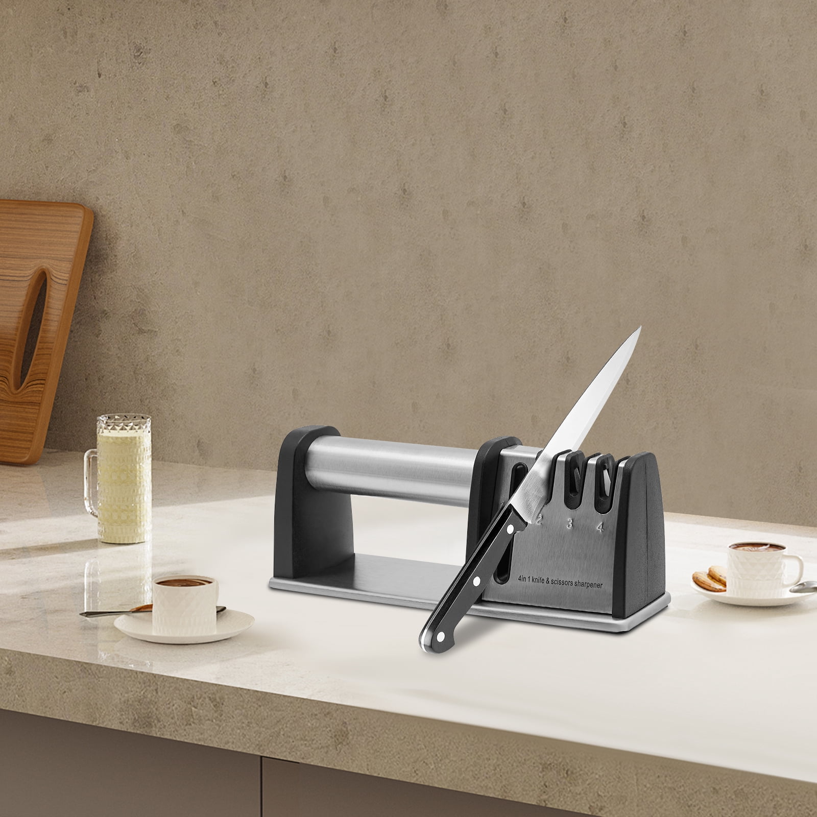 4-in-1 Knife Sharpener for Kitchen & Scissors – Tungsten Steel, Diamond & Ceramic Slots, Ergonomic Handle, Non-Slip Base, Easy to Use & Clean