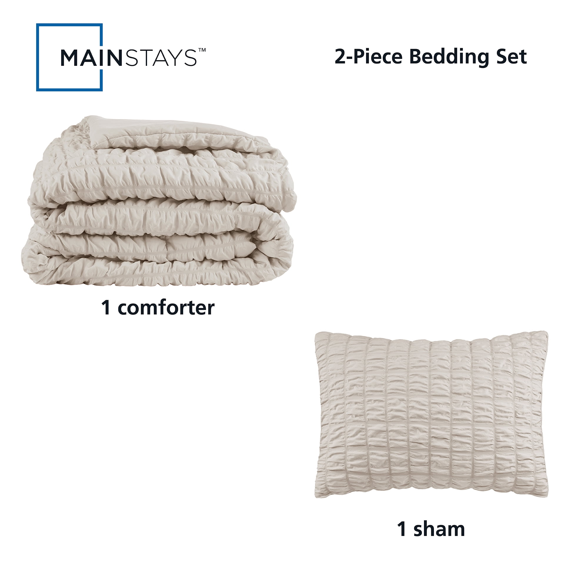 Mainstays 2-Piece Seersucker Comforter Set, Stone, Twin/TXL, All Ages, Unisex