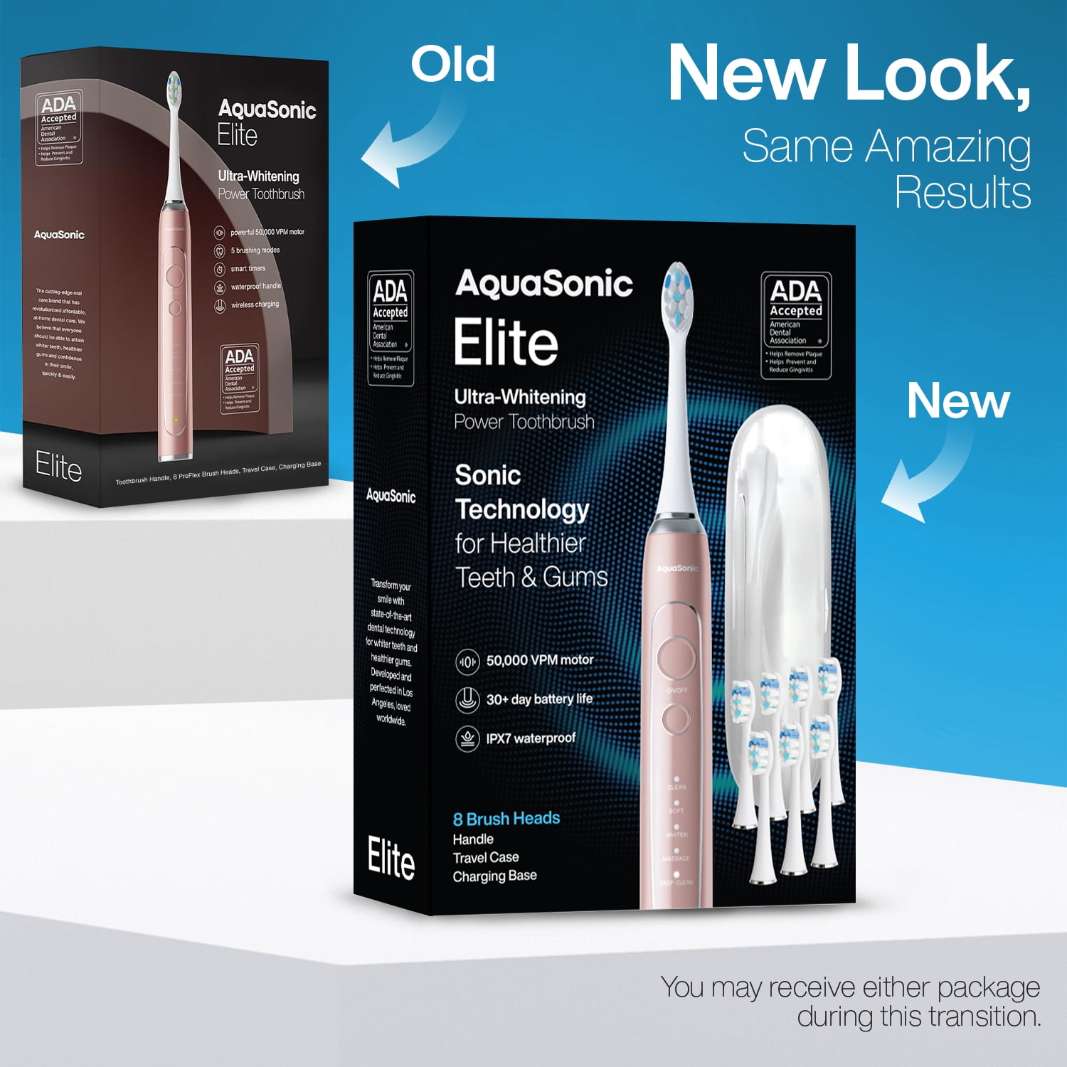 AquaSonic Elite Rechargeable Electric Toothbrush Set - ADA Accepted, 5 Modes, Travel Case, 8 Brush Heads (Rose Gold)