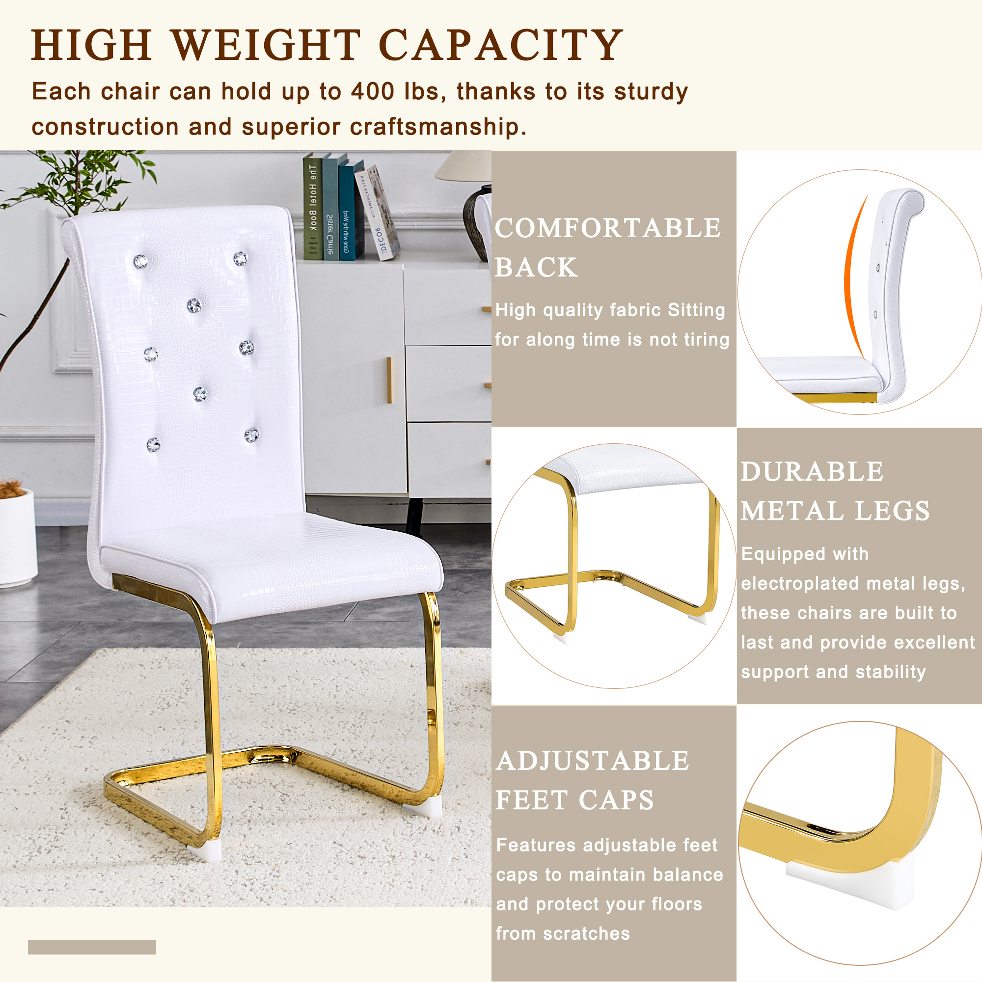 Aukfa Modern Dining Chairs Set of 2 , 400 lbs Heavy-Duty Faux Alligator Leather Kitchen Chairs with Crystal Button Tufted High Back,White