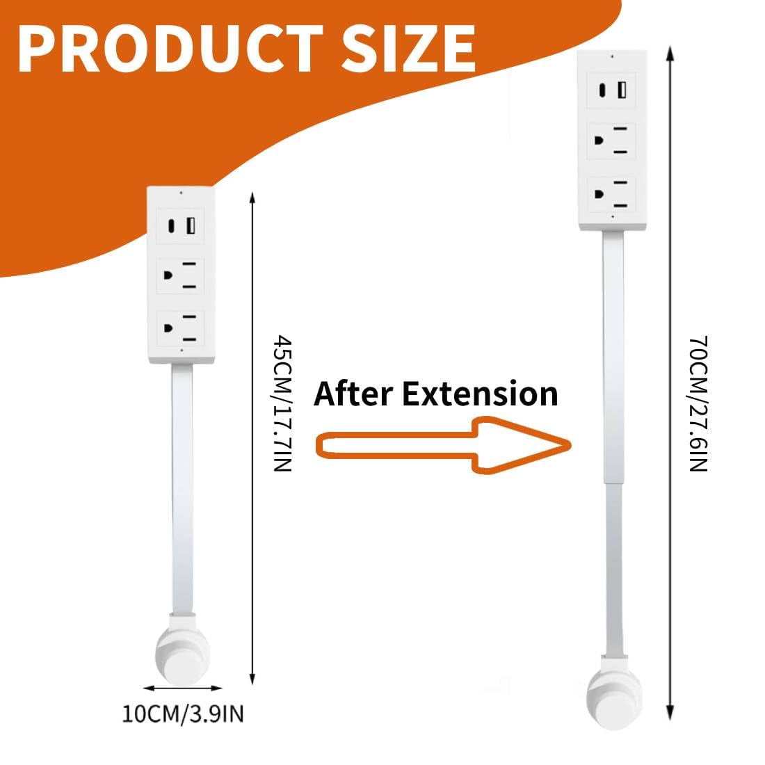 Power Socket Extender with USB-A/C & 2 AC Outlets - 22"-34" Extendable, 180° Rotating for Hard-to-Reach Areas (Behind Furniture)