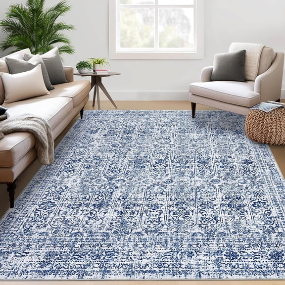 Washable Rug 6x9 Area Rugs Living Room Rug Vintage Blue Rug Oriental Rug Neutral Retro Accent Rug Non Slip Stain Resistant Carpet for Nursery Living Room Dining Room Bedroom Farmhouse