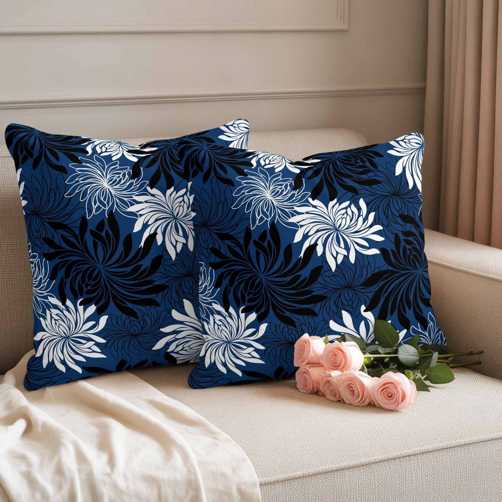 Blue Black Flowers Outdoor Waterproof Throw Pillow Covers 20x20 Set of 2, Modern Abstract Blooms Floral Decorative Pillowcases Cushion Pillowcase for Couch Sofa Patio Outside Pillow Protector