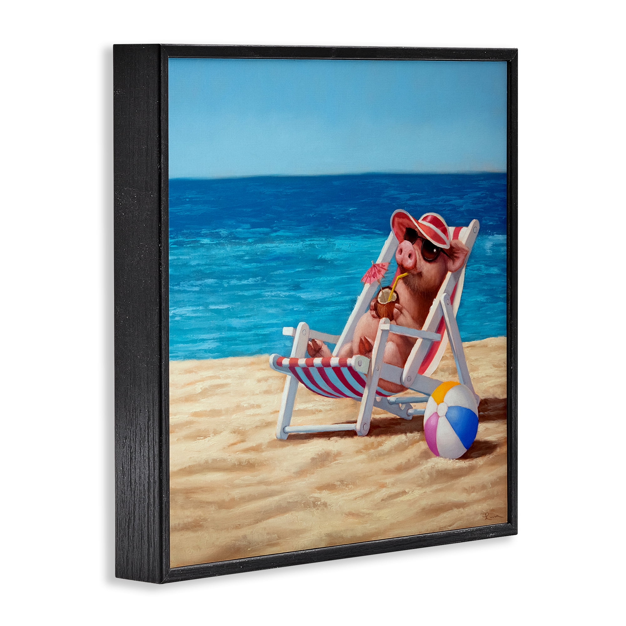 Stupell Industries Pig with Beach Cocktail Novelty Painting Black Framed Art Print Wall Art, 24 x 24