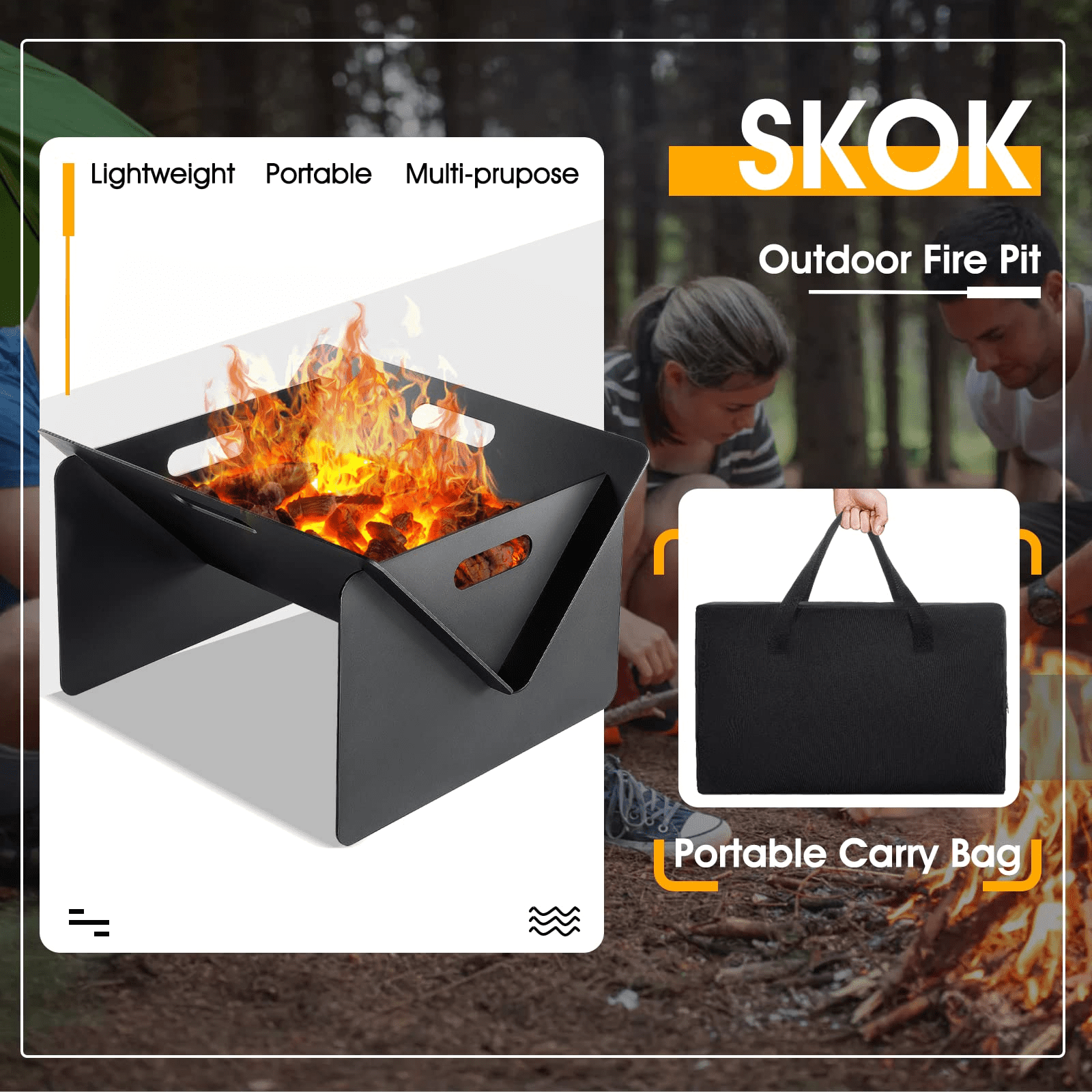SKOK 18in BBQ Fire Pit for Outside 2 in 1 Portable Camping Fire Pit  with Detachable Tray Wood Burning Charcoal Grill with Carry Bag