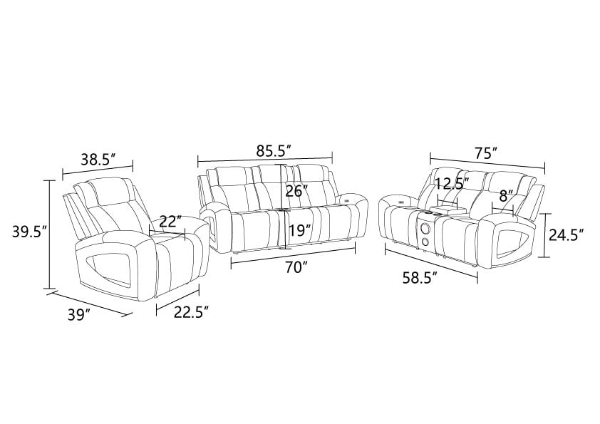 Gewnee 1+2+3 Piece Recliner Sofa Set, Air Leather Smart Sofa with Wireless Charging, Bluetooth Speaker, LED Light, Cup Holders & Storage, Adjustable Recline for Living Room, Black