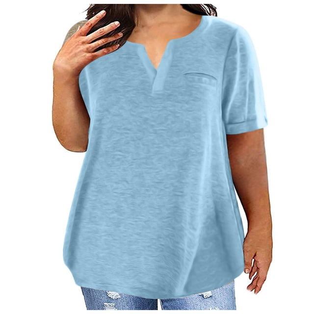 Fuwddey Plus Size Tops For Women Casual Tunic Tops V-Neck Basic Tee Loose Fit Blouse Summer Short Sleeve Pullover top