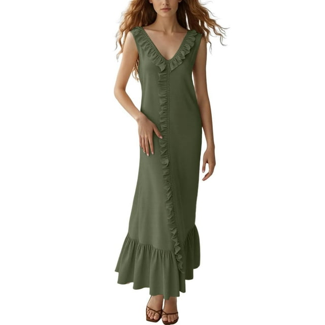 Vestido largo con cuello en V para mujer - Botones en la parte delantera, volantes - Sin mangas, corte A - Playa/fiesta - Tallas S-XXL