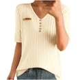 thumbnail image 2 of ALLLIST Women's Tops Henley Ribbed Elbow-Length T-Shirts Beige Trendy Plain Shirts Tops for Ladies, 2 of 3