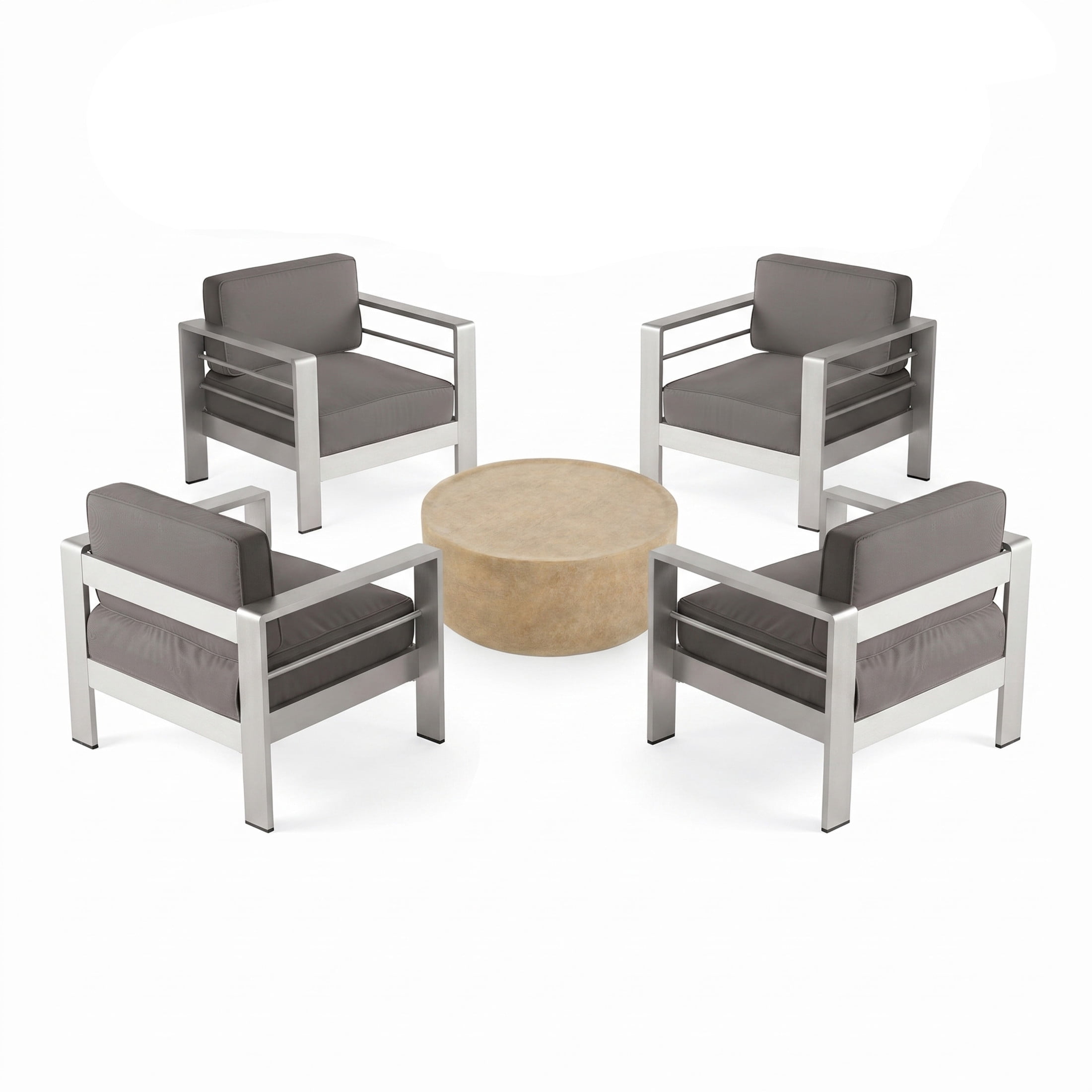 Christopher Knight Home 5-Piece Outdoor Patio Chat Set, Aluminum Club Chairs with Coffee Table, Gray Cushion