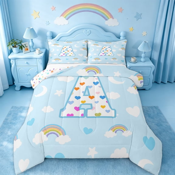 jejeloiu Rainbow Cloud Monogram A Full Size Comforter Sets For Kids,Colorful Heart Stars Initial Bedding Sets For Girls,Colorful Stars Reversible,3pcs