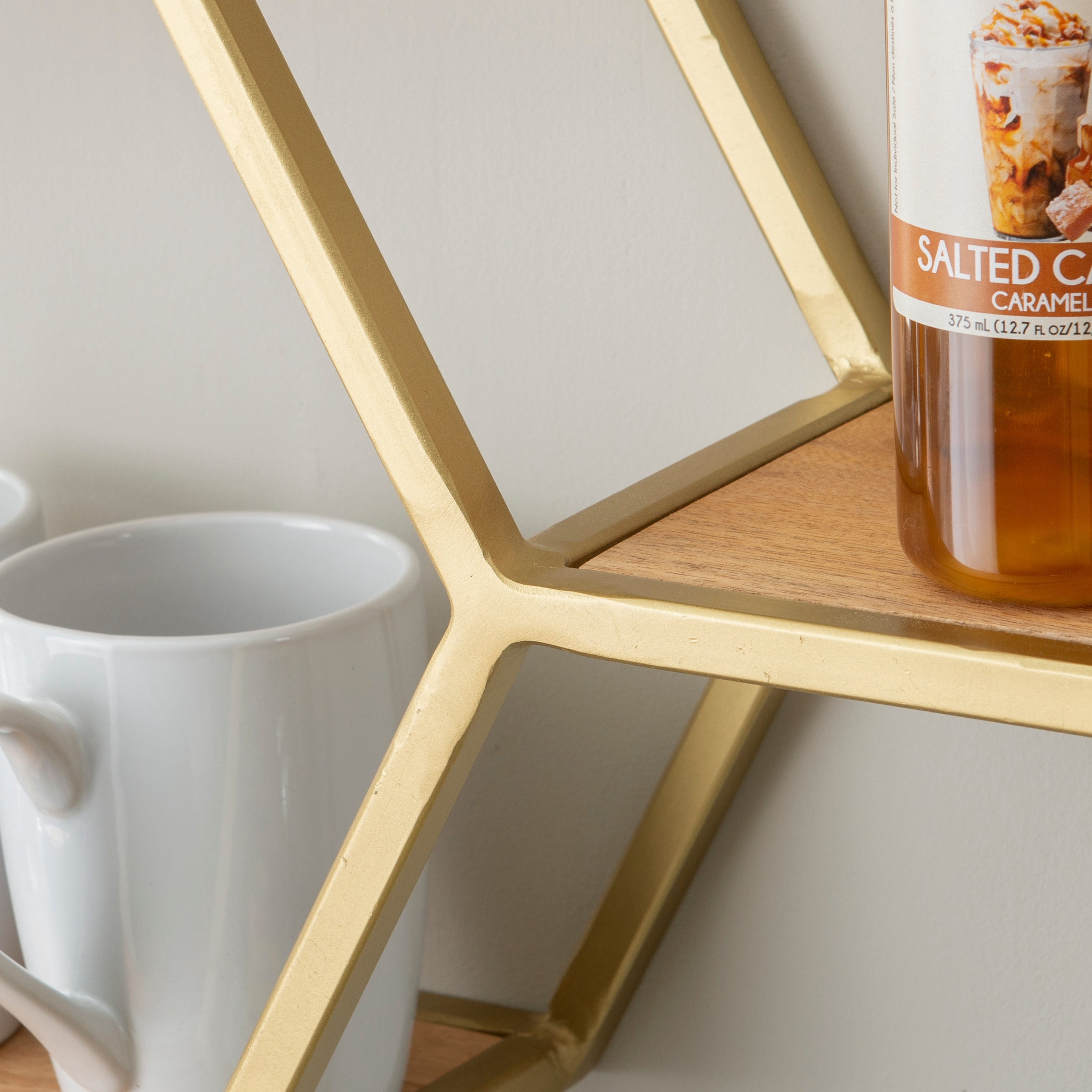 Powell Wilson 3-Compartment Honeycomb Wall Shelves, Gold Metal with Natural Mango Wood