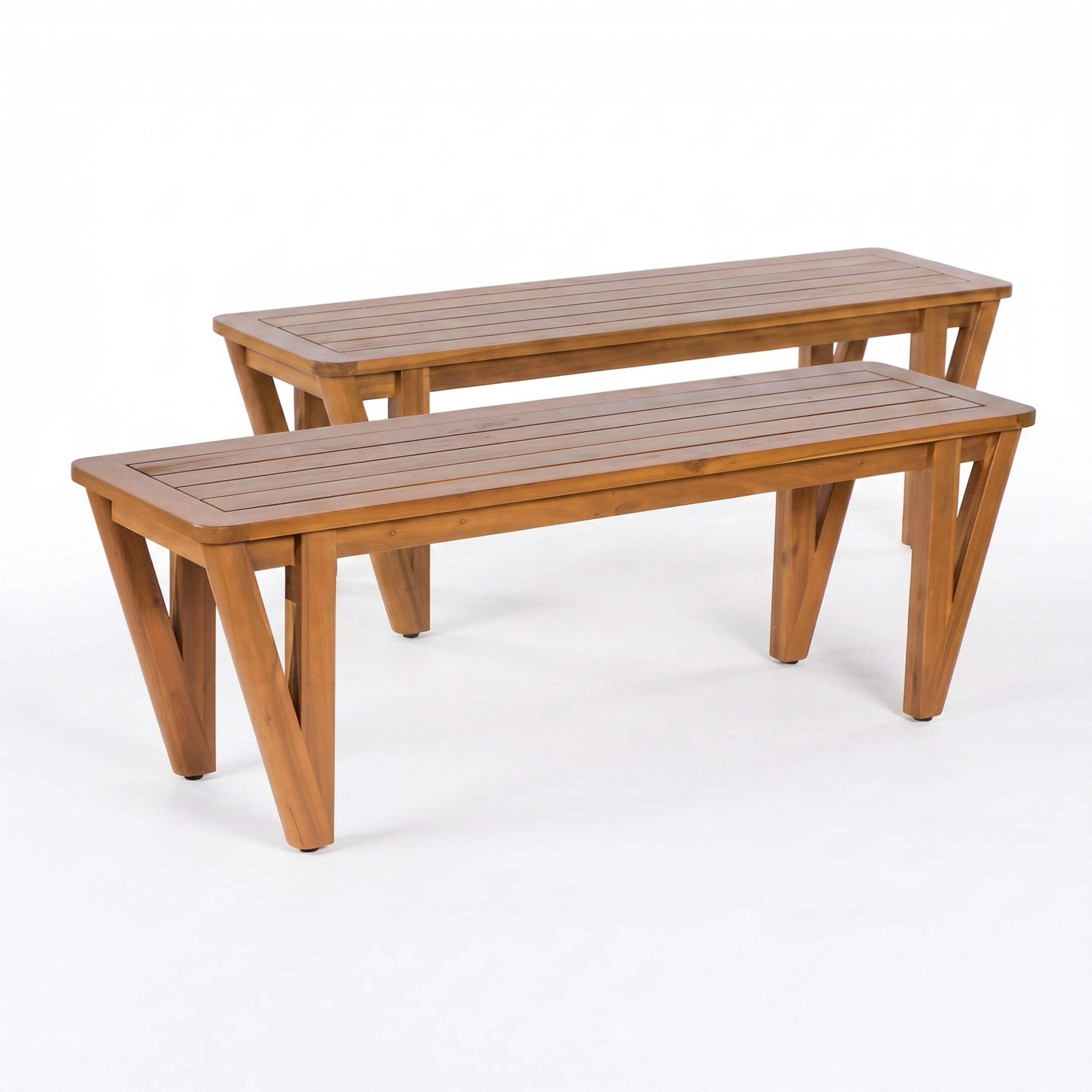 Christopher Knight Home Farmhouse Acacia Wood Outdoor Dining Bench with V-Legs for 2 to 3, Teak, Set of 2