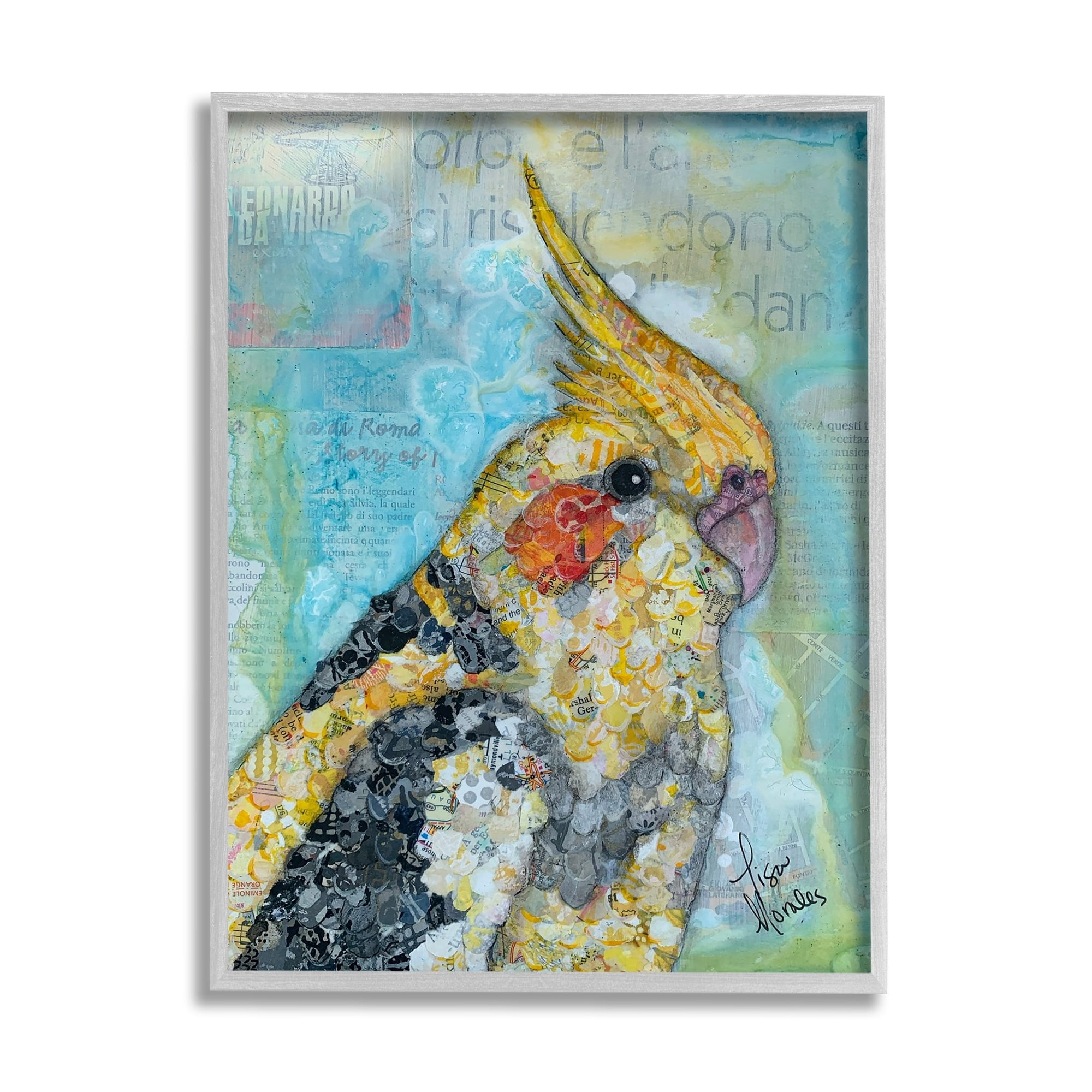 Stupell Industries Jolly Cockatiel Bird Assorted Layered Animal Collage Painting Gray Framed Art Print Wall Art, Design by Lisa Morales