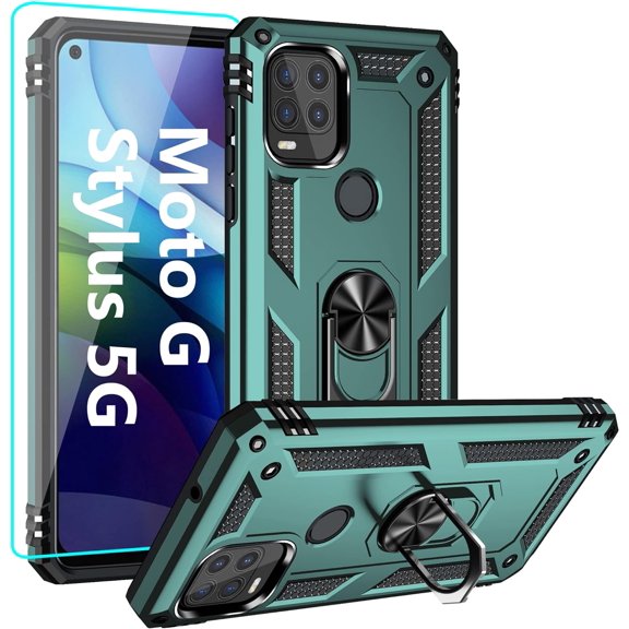 Compatible with Moto G Stylus 5G Case,with HD Screen Protector,[Military Grade] Ring Car Mount Kickstand Hybrid Hard PC Soft TPU Shockproof Protective Case for Motorola G Stylus 5G (Dark Green)
