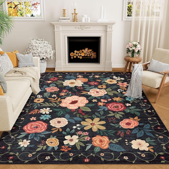 Sxpopstore Dukino 5x7 Area Rugs with Floral Washable Rug for Living Black