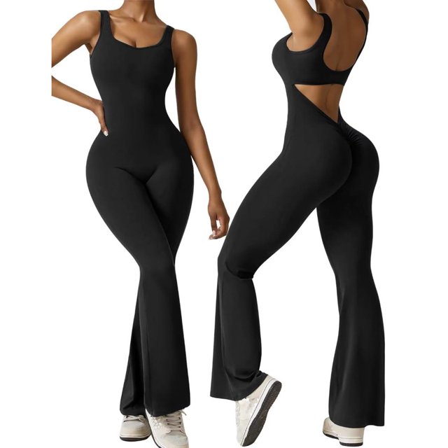 Flare Jumpsuits for Women Sexy Backless Tank Top Bodycon Romper Wide Leg Full Length Pants Unitard Sportsuit