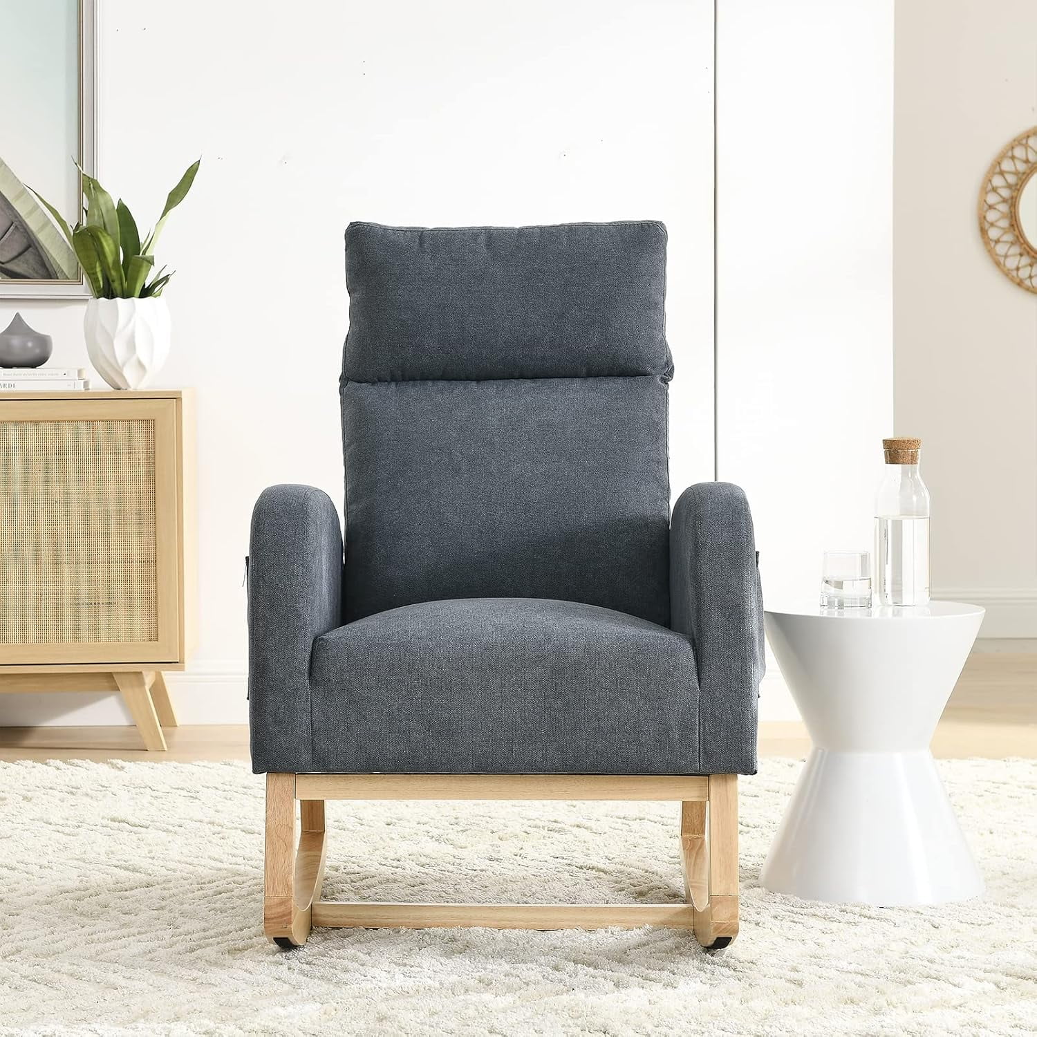 Nursery Rocking Glider Chair, Modern Fabric Tall Back Accent Rocker Chair Upholstered Arm Chair w/Side Pockets, Modern Leisure Single Sofa for Living Room, Hotel, Bedroom, Office, Grey
