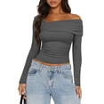 thumbnail image 3 of Arvbitana Women's Long Sleeve T-shirt One Off Shoulder Asymmetrical Neck Pullovers Tight Fitted Solid Color Ruched Shirt Crop Tops for Spring Fall Streetwear, 3 of 5