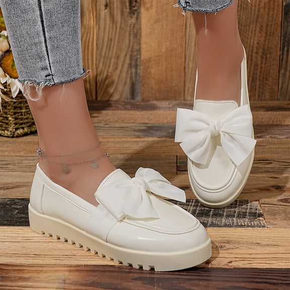IEMIEMIEM Womens Bow Loafers Leather Comfort Round Toe Slip On Anti Slip Low Cute Non Slip Platform Loafers for Work Daily Casual Dressy White 5.5 Wide