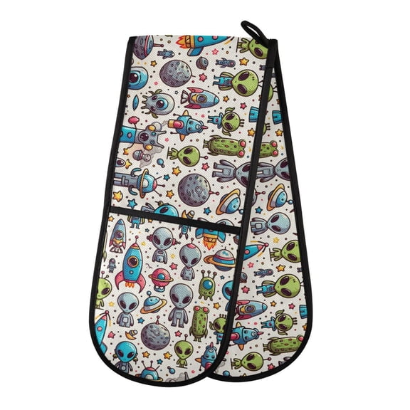 Dailycode Double Sided Oven Mitt with Loop Heat Resistant Kitchen Long Potholders 7" x 35" Cartoon Alient and Rocket
