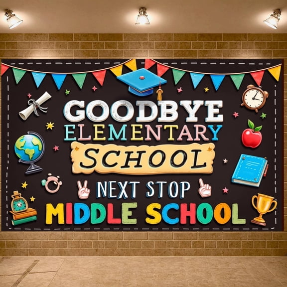 Colorful Design Goodbye Elementary Banner Educational Theme School Transition Display Cartoon  School Supplies Decor Middle School Send-off Backdrop for Elementary Graduation School Transition Party