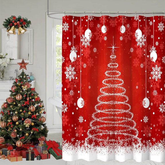 Christmas Shower Curtain, Red Christmas Snowflakes Shower Curtains for Bathroom Decor, Winter Holiday Shower Curtain, Xmas Funny Glitter Sparkle Tree Fabric Cloth Bath Curtain, 72x72 Inch