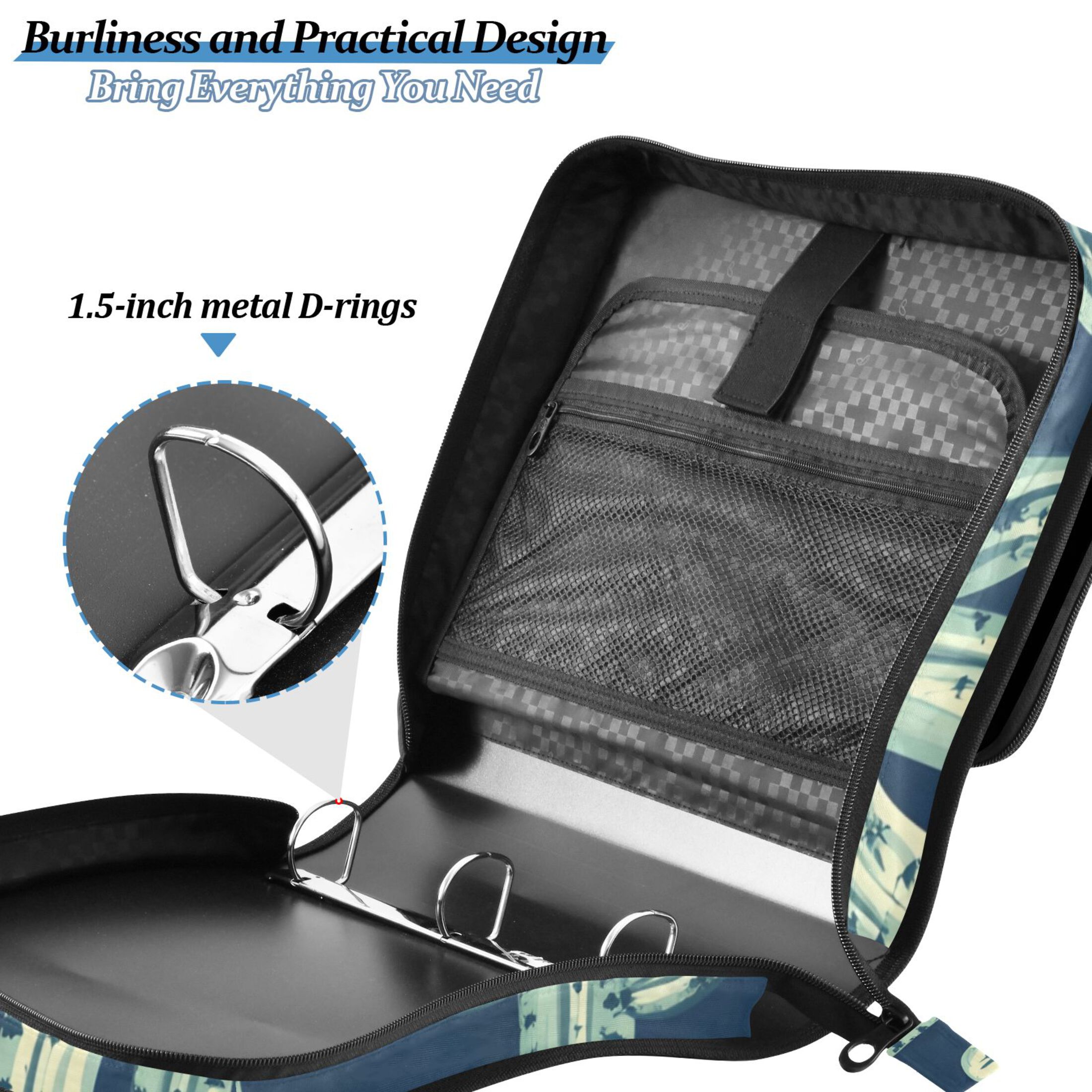 3 Ring Zipper Binder with Shoulder Strap Waterproof Trapper Keeper 2 Inch D-Ring 500 Sheets Capacity Cartoon Cactus