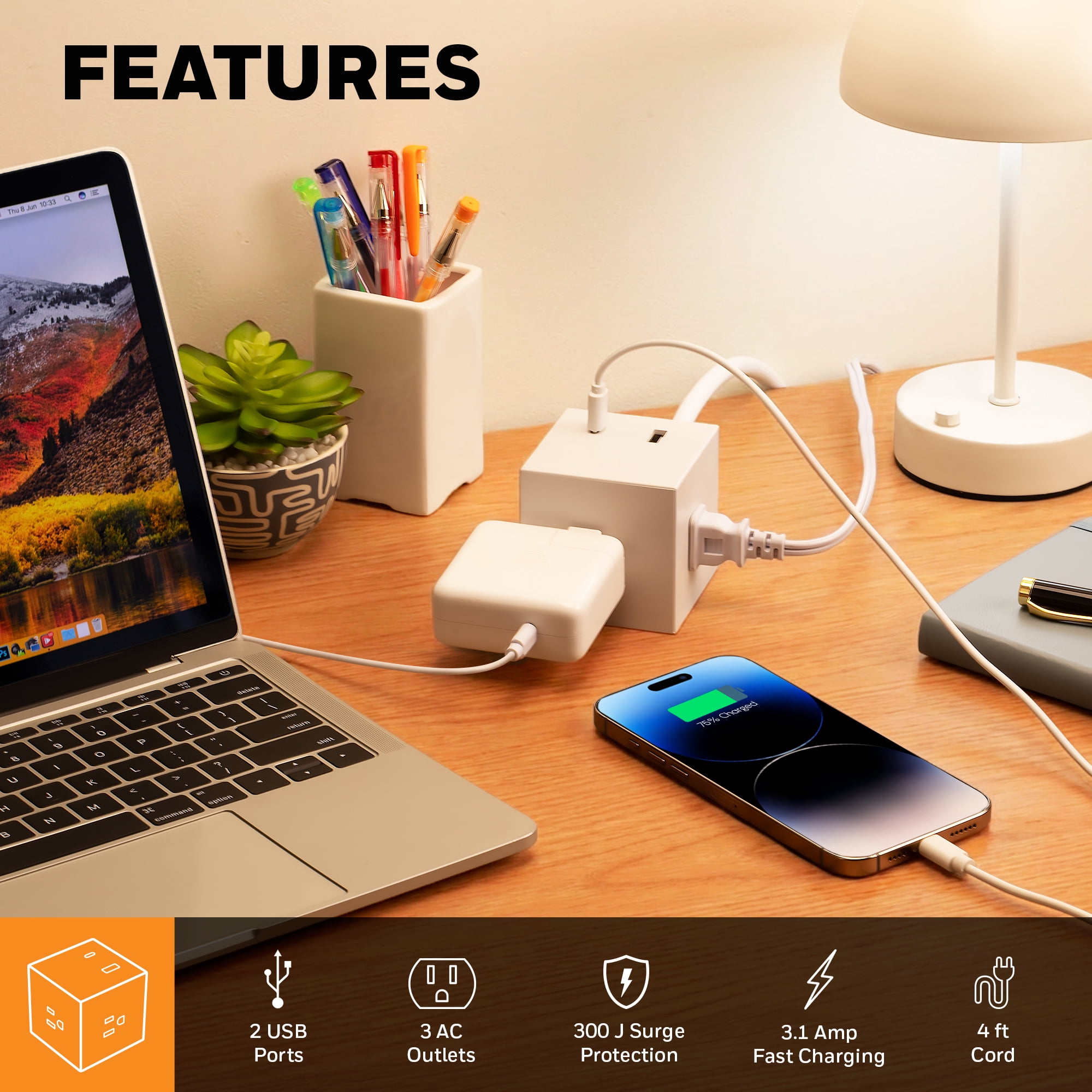 Honeywell Power Cube Surge Protector with 3 AC Outlets and 2 USB Ports, 4ft Fabric Cord, White