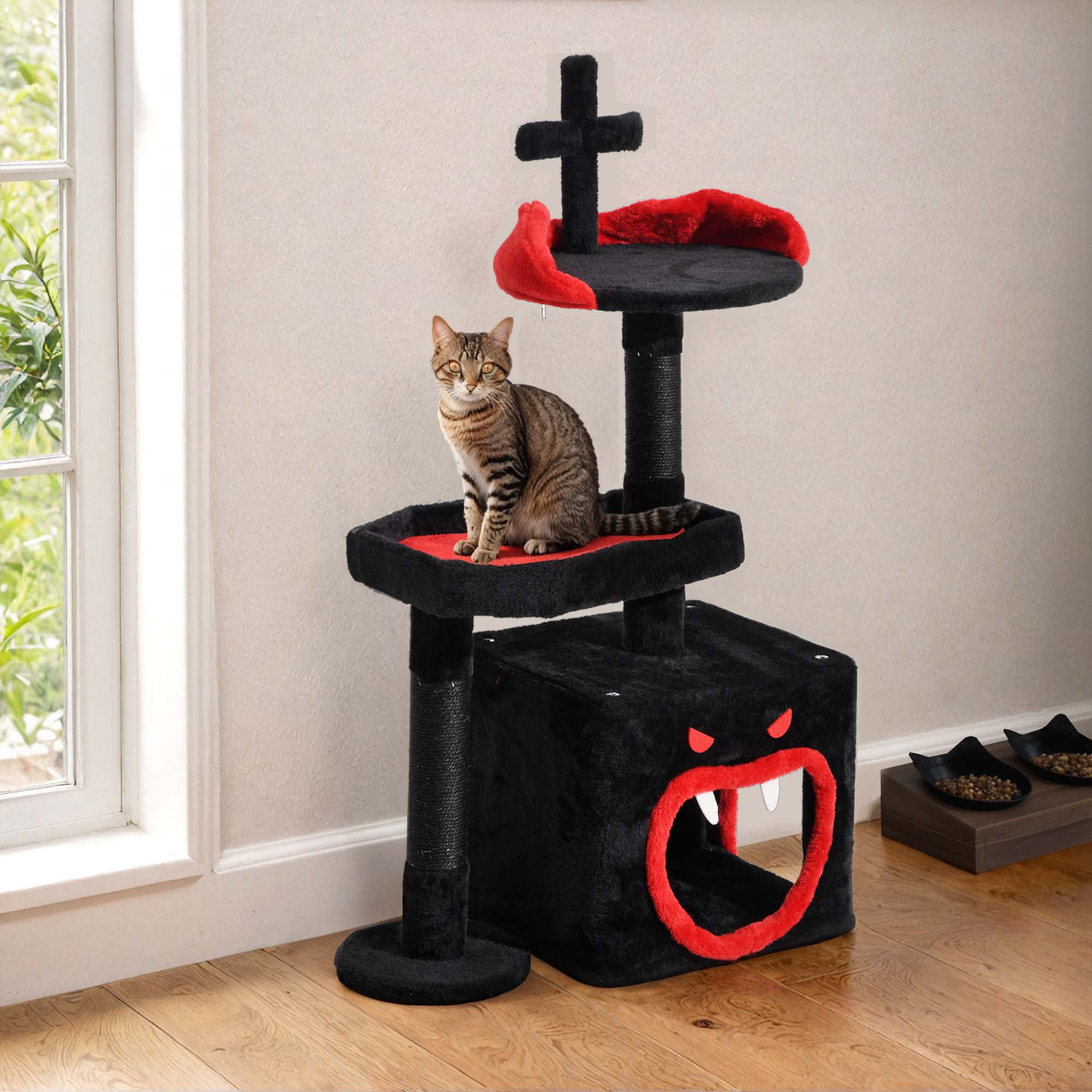 Uforic 38.5" Gothic Cat Tree ,Cat Scratching Posts Tower with Spider Hanging Ball, Scratching Post, Black Halloween