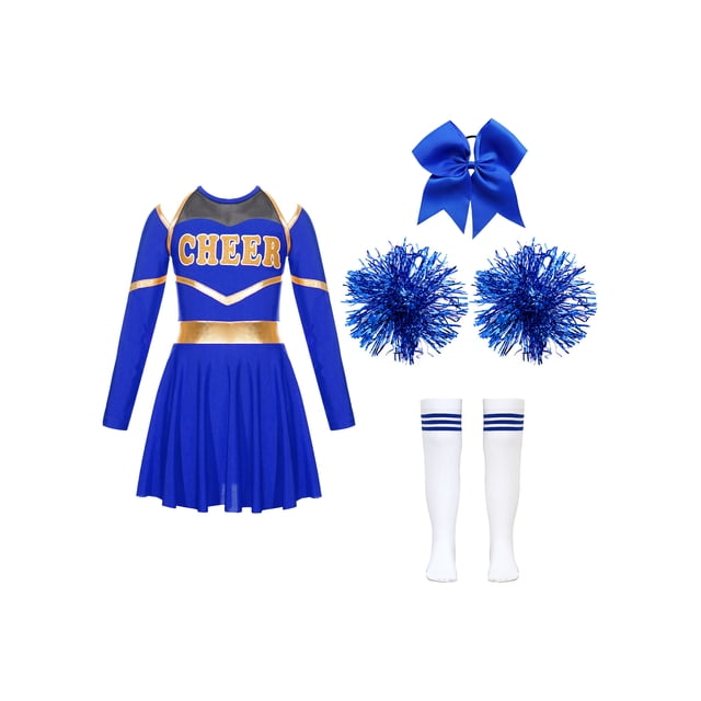 Rswnyirn Tenues de Cheerleading pour Filles Robe Justaucorps à Manches Longues avec Pompons B Bleu 8
