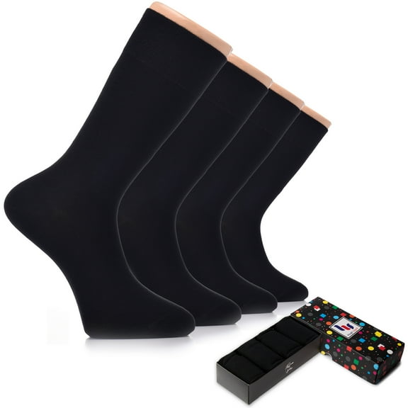 HUGH UGOLI Men's Cotton Dress Socks for Business & Trouser, Thin & Seamless Crew Socks, 4 Pairs with Gift Box, Shoe Size 8-12, Black, Shoe Size: 8-12