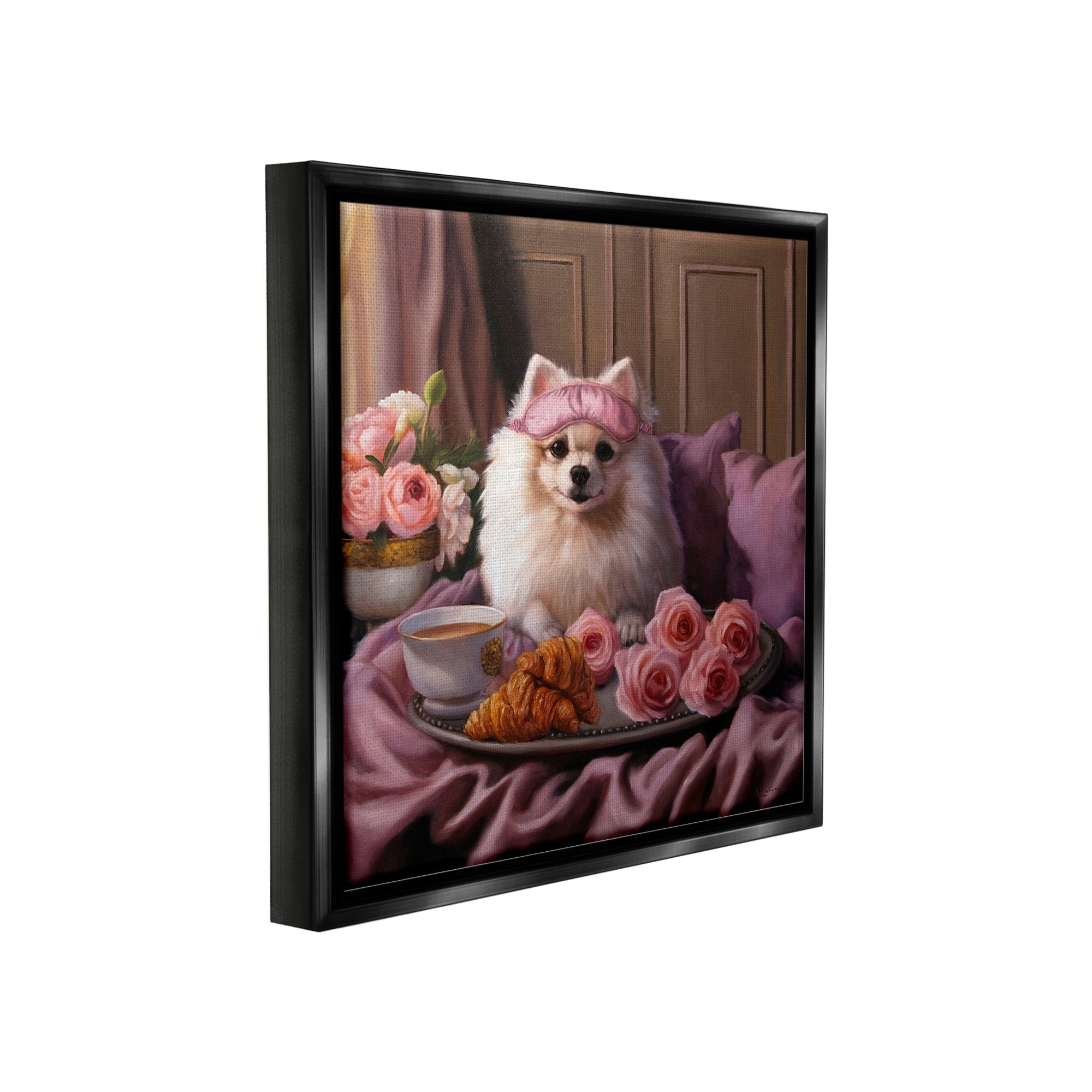 Stupell Industries Breakfast in Bed Dog Animals & Insects Painting Black Floater Framed Canvas Art Print Wall Art, 18 x 18