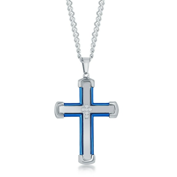 Men’s Blue & Silver Cross with Simulated Diamond CZ 24” Pendant Necklace | Stainless-Steel Religious Jewelry for First Communion, Baptism, or Confirmation