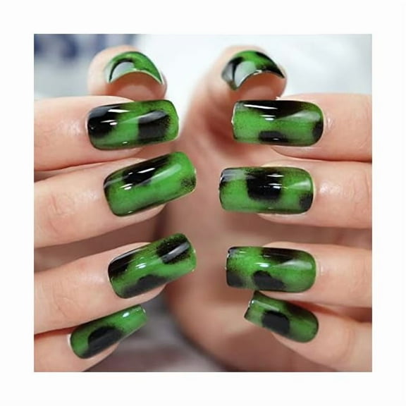WEEKS Medium Length Press on Nails Glossy Fake Nails Square False Nails Squoval Nails Green Acrylic Nails for Women and Girls