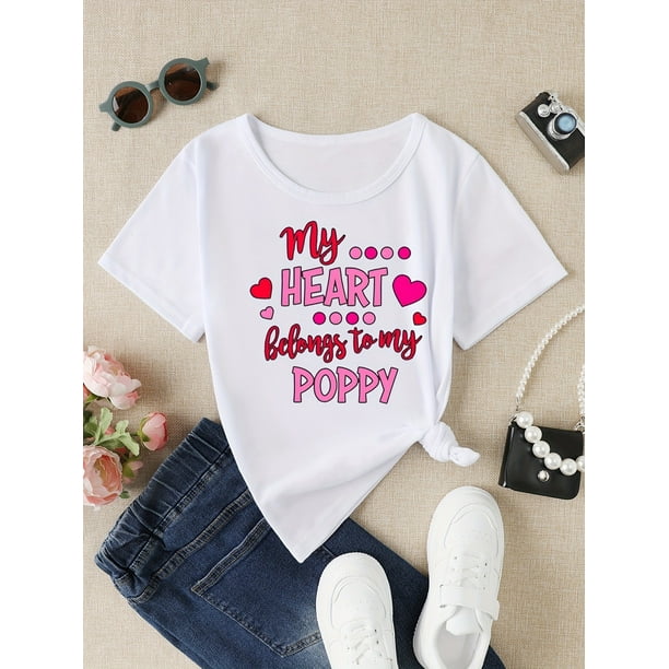 Adorable "My Heart Belongs to My Poppy" Girls' Black T-Shirt - Soft Cotton, Short Sleeve, Round Neck Summer Tee with Pink Hearts Design, Girls Tshirts