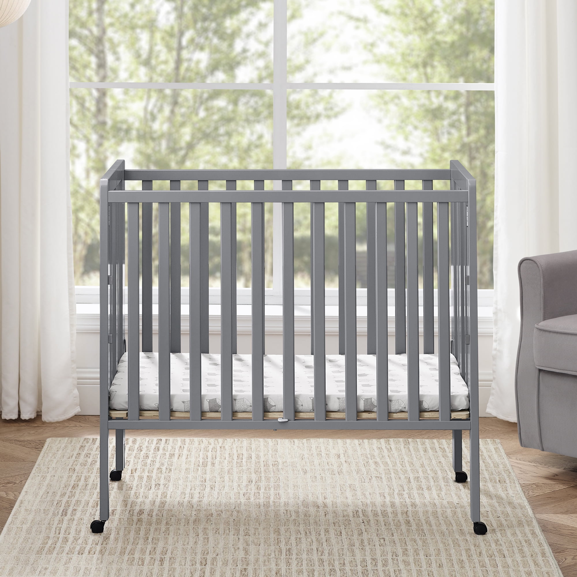 Delta Children Lee Portable Folding Mini Crib with 1.5-Inch Mattress - Greenguard Gold Certified, Grey