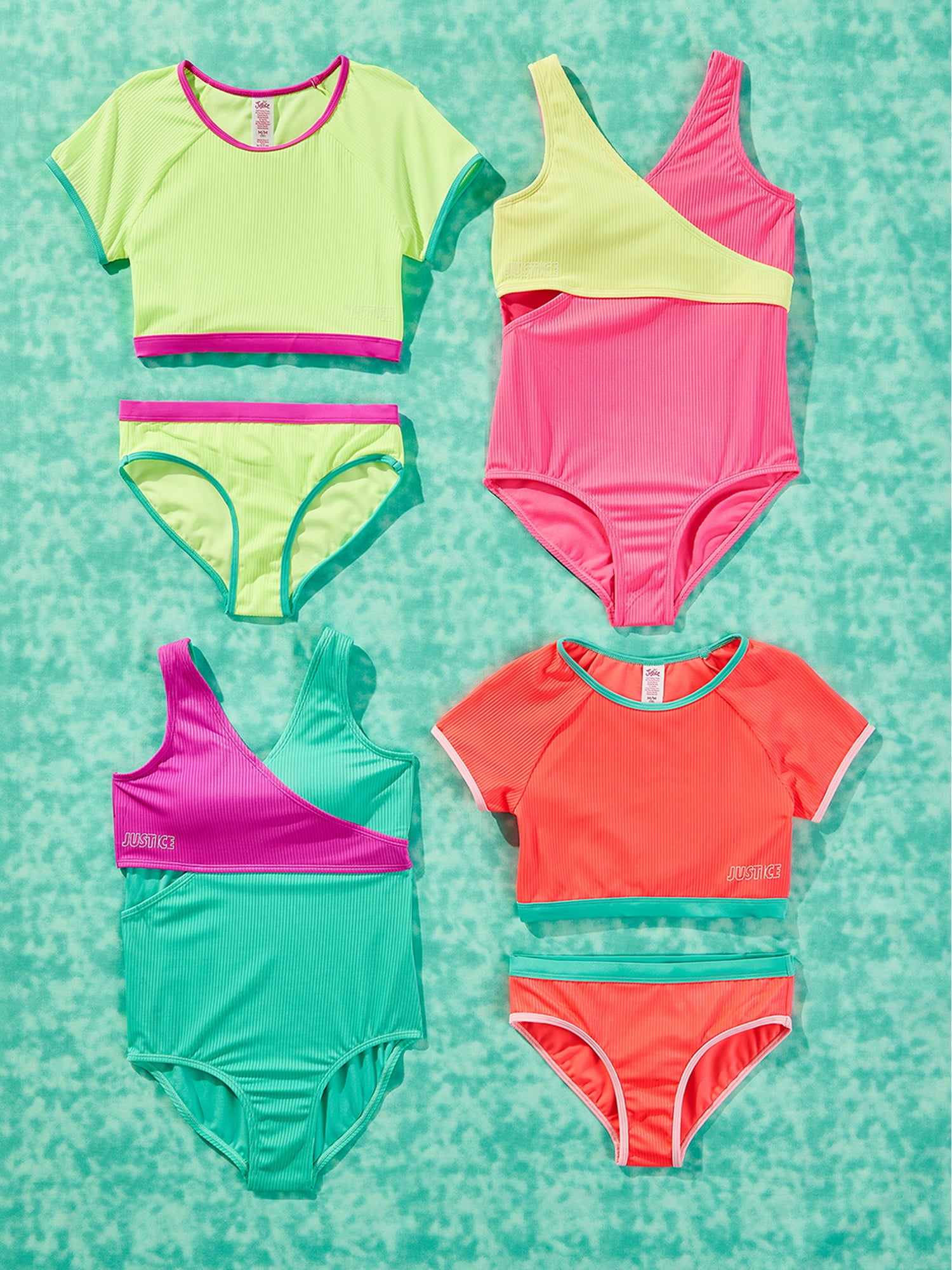 Justice Girls Short Sleeve Rashguard with Bikini Bottom Two-Piece, Sizes 5-18