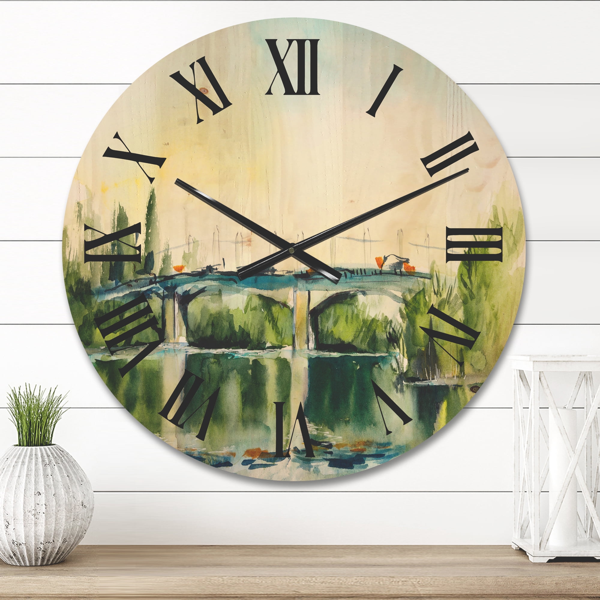 Designart 'Landscape With Old Bridge Over River In The Countryside' Traditional Wood Wall Clock