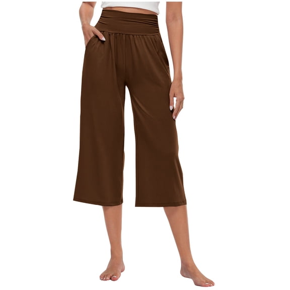 Women's Wide Leg Pants Stretch Knit Elastic Waist Slant Pocket Loose Running Yoga Casual Capri Stretch Dress Casual Flowy Palazzo Pants Women