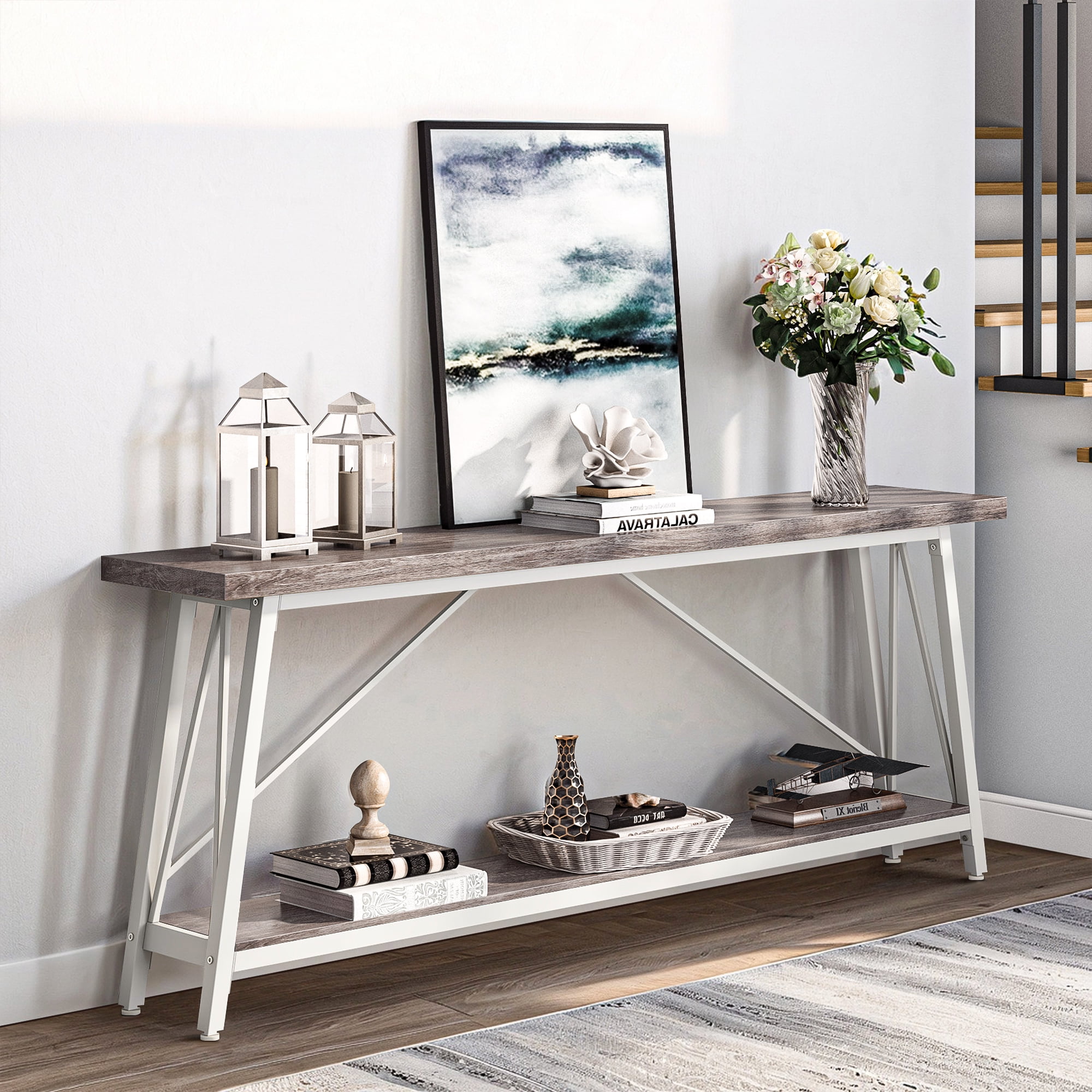 Demi Bonn 70.9" Console Table, Rustic Vintage Narrow Sofa Table for Entryway, Living Room, Hallway, Gray & White