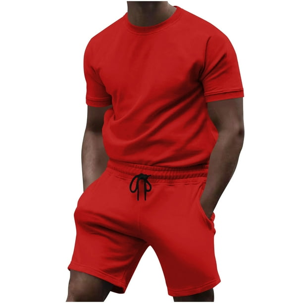 Conjunto de Pantalones de Dos Piezas de Color Sólido Casual de Manga Corta de los Hombres Camiseta Y Pantalones de Playa con Bolsillos Verano