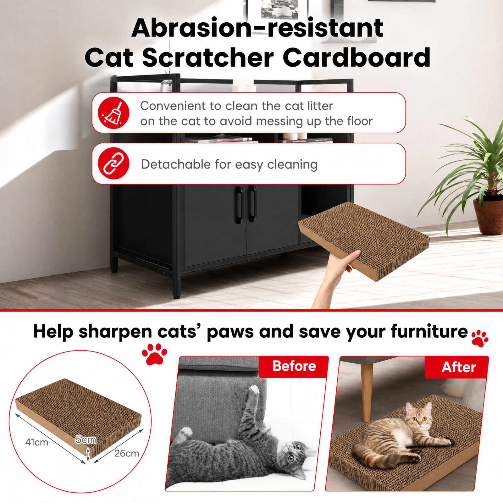 SUGIFT Hidden Cat Litter Box Furniture with Double Doors, Enclosed Cat Washroom Side Table Cabinet with Scratch Cardboard, Black