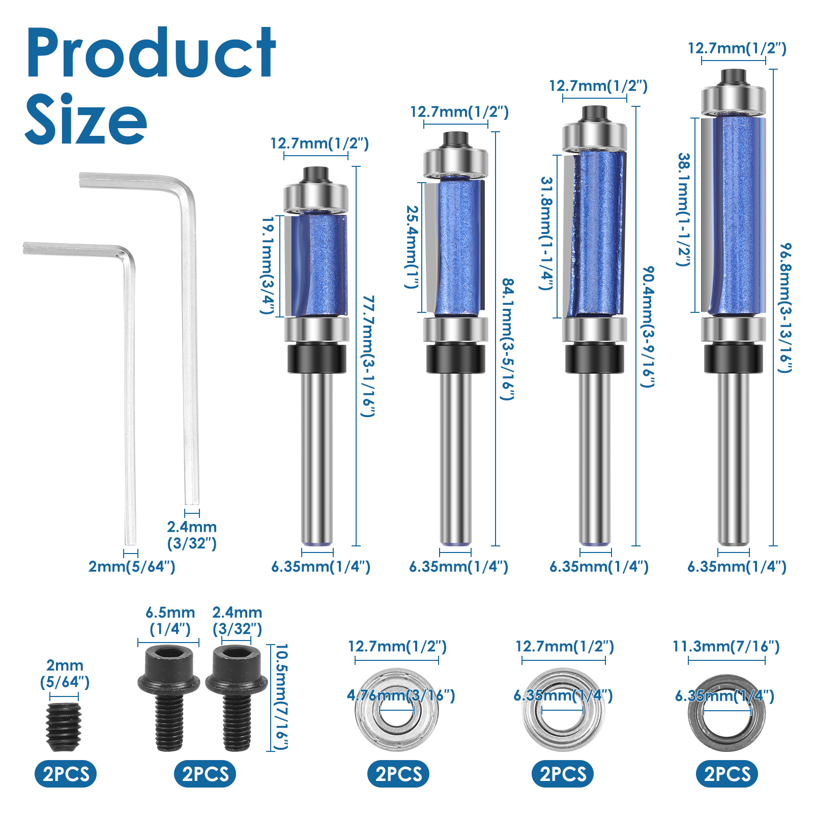 4Pcs Carbide Straight Flush Trim Router Bits 1/4 Inch Shank, Top and Bottom Bearing Flush Trim Cut Router Bits Set for Trimming Woodworking 1/2" Cutting Diameter, 3/4" 1" 1-1/4, 1-1/2" Cutting Length